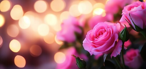 Poster - Beautiful pink roses with a blurred bokeh background of soft lights.