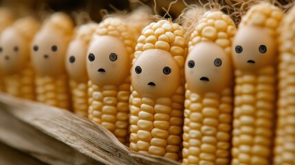 Wall Mural - A row of corn with faces drawn on them in a field, AI