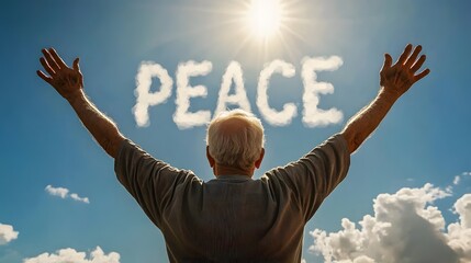 Elderly Man with Raised Hands Before the Word 