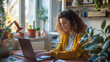 © Swaroop - Woman working remotely on a laptop – cozy home office setting, person in casual attire focused on work, comfortable and stylish atmosphere.