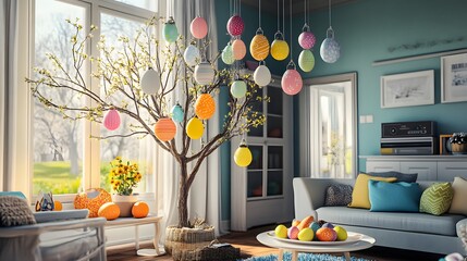 A chic Easter egg tree decorated with colorful ornaments and hanging eggs, set in a stylish living room, high quality, sharp images, graphic, illustration