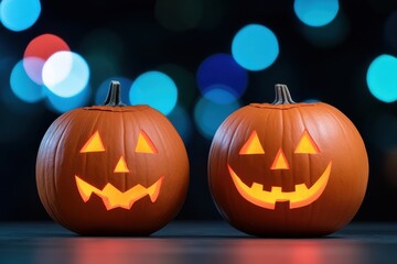 Two carved Halloween pumpkins with glowing faces against a blurred background.