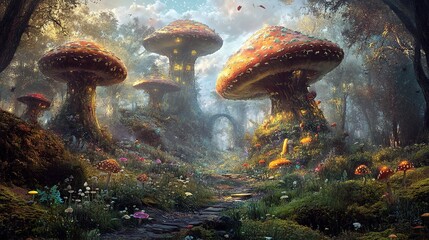 Wall Mural - Vibrant red mushrooms in a mystical forest illuminated by soft sunlight during the early morning hours