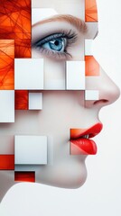 Sticker - A woman's face with geometric shapes and red lipstick, AI