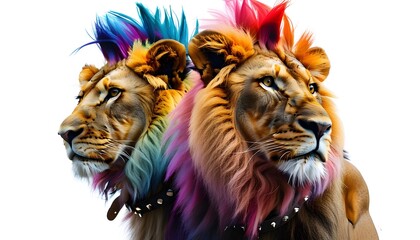 Wall Mural - Vibrant lion with colorful mohawk and studded collar showcasing fierce individuality against a clean, isolated white background