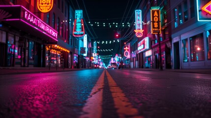 A vibrant city street at night illuminated by colorful neon signs.