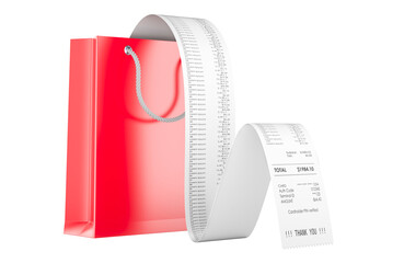 Poster - Shopping bag with long receipt. 3D rendering isolated on transparent background