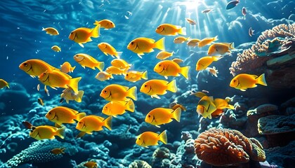 Vibrant yellow fish swimming through a sunlit coral reef in crystal clear water, showcasing the beauty of an enchanting underwater ecosystem