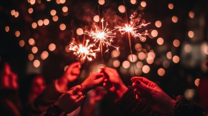 close up of people hands with red fire sparklers to celebrate the night and the new start