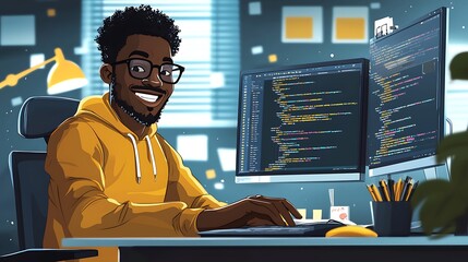 creative black software developer joyfully coding at desk with ideas coming to life on screen in car