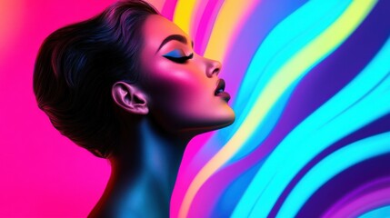 Canvas Print - A woman with her eyes closed and a colorful background, AI