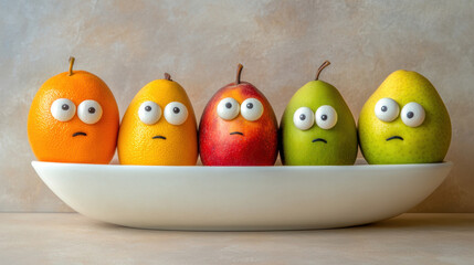 A bowl of fruit with eyes and googly mouths on them, AI