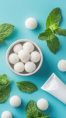 Poster - A collection of fresh mint leaves surrounds a tube of toothpaste and sugary beads set against a blue backdrop, showcasing elements of oral hygiene and freshness