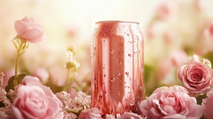 Rose-colored aluminum can surrounded by blooming pink roses