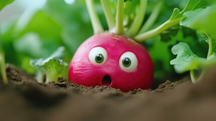 Poster - A red beetroot with eyes and a mouth in the dirt, AI