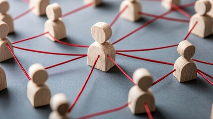 Poster - The red figure symbolizes a focal point in a human resources hierarchy, connected to diverse individuals by lines, highlighting teamwork and individual growth