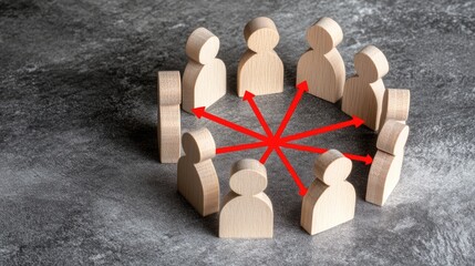 Poster - The red figure symbolizes a focal point in a human resources hierarchy, connected to diverse individuals by lines, highlighting teamwork and individual growth.