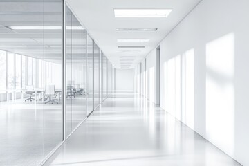 Canvas Print - Sleek White Office Corridor with Modern Design and Empty Mock-Up Wall