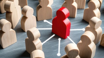 Poster - The red figure symbolizes a focal point in a human resources hierarchy, connected to diverse individuals by lines, highlighting teamwork and individual growth