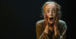 © Natalya - Portrait of living dead woman isolated on black background, excited surprised scary zombie face. Theme of Halloween, people, shock, banner, horror, person