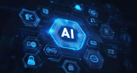 Poster - Blue hexagon with AI letters at the center surrounded by technology icons representing artificial intelligence concepts