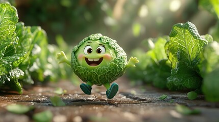 A cheerful cartoon vegetable character, resembling a sprightly cabbage, in a lush garden.