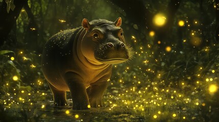 Charming pygmy hippo calf standing in a forest glade, surrounded by glowing fireflies