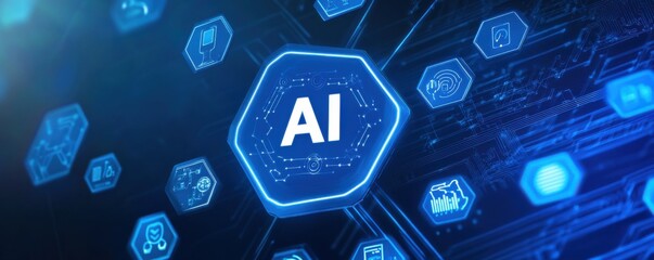 Poster - Futuristic blue hexagon with AI letters surrounded by technology icons representing artificial intelligence and digital innovation