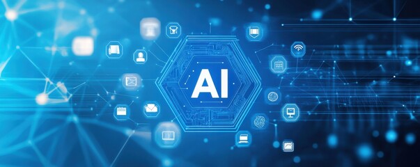 Poster - Blue hexagon with AI letters on a futuristic digital background symbolizing artificial intelligence and innovation