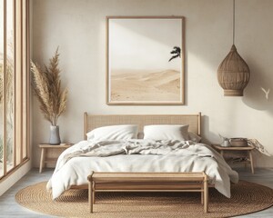 New-Age Nomadic Bedroom Interior with Ethnic Decor and Modern Poster Mockup