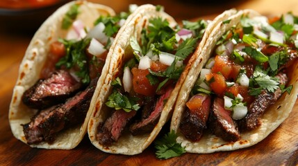 Tacos de Arrachera: Tacos filled with marinated and grilled skirt steak, garnished with cilantro, onions, and salsa