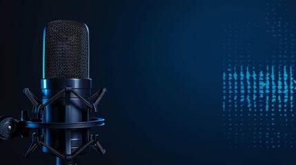 Professional microphone with audio waveform on dark blue background for recording and podcasting