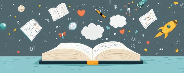 Poster - Open book with colorful icons of science, math, and technology floating in clouds, symbolizing creativity and knowledge