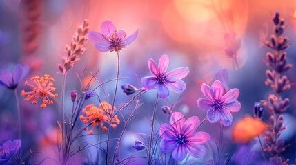 Enchanting Floral Wonderland Vibrant purple and pink blossoms against a dreamy soft focus nature backdrop creating a captivating ethereal scene  This image evokes a sense of spring s rejuvenation