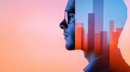 Poster - A man with a city skyline in the background of his face, AI