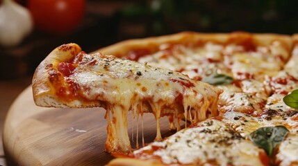 Taking piece of tasty pizza at wooden table, closeup