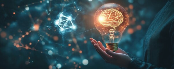 Poster - business professional holding a glowing light bulb with digital brain network imagery, symbolizing i