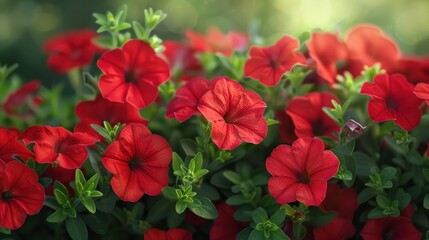 Vibrant Red Blooming Flowers with Lush Green Garden Foliage and Natural Scenic Background  Bright and Colorful Floral Arrangement in Outdoor Garden Setting