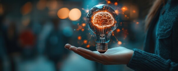 Aufkleber - Business professional holding a glowing light bulb with brain imagery, symbolizing innovation and creative thinking in a futuristic setting
