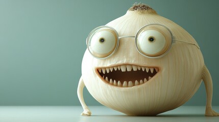 Poster - A cartoon onion with glasses and a mouth that is open, AI