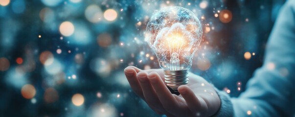 Poster - Business professional holding a glowing lightbulb with brain, symbolizing innovation and creativity in a conceptual setting