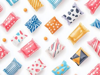 Poster - Flat colorful candy wrappers arranged in geometric patterns on a clean white background  This vibrant flat design showcases a modern minimalist composition with a collection of sweet