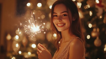 Girl with a sparkler near the Christmas tree. A cheerful young woman with a cute smile in a beige dress is standing and holding a sparkling sparkler in the hands against the background of the christma