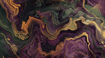 Sticker - Deep plum wallpaper with intricate marbled gold and green paint creating a luxurious abstract design