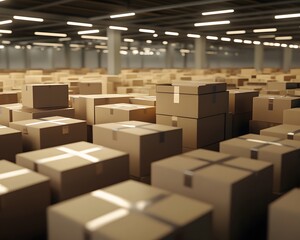 Poster - A spacious warehouse filled with numerous cardboard boxes, showcasing organized storage and logistics operations.