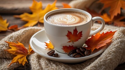 cup of coffee with autumn leaves