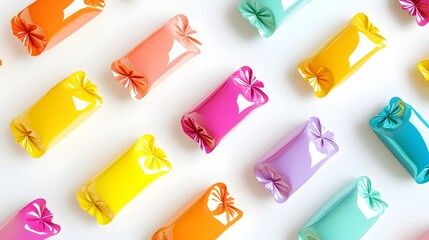 Poster - Glossy Vibrant Candy Wrappers Artfully Arranged in a Colorful Pattern on a Clean White Background   3D Rendered Flat Design