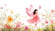 © Postproduction - Watercolor of a pink fairy surrounded by flowers, ideal for baby shower or birthday cards.