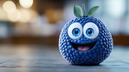 Canvas Print - A blue fruit with a mouth and eyes made of icing, AI