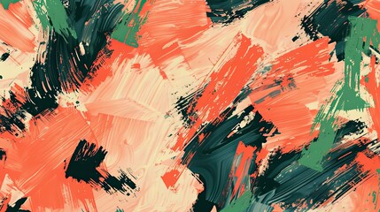 Canvas Print - Bold coral and green strokes form a chaotic pattern on a peach background backdrop